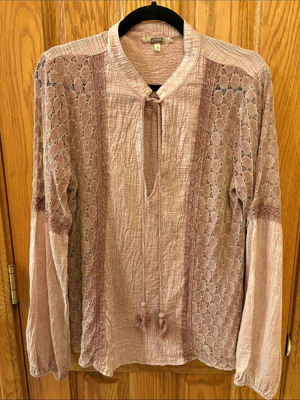 gimmicks by BKE Dusty Rose Lace-Paneled Tie-Neck Blouse